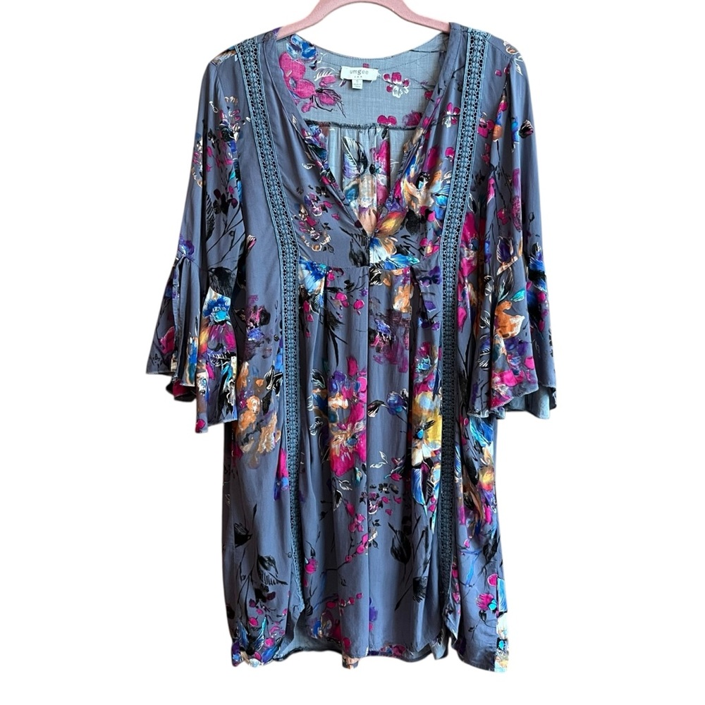 Umgee Boho Floral Mini Dress Bell Sleeves V-Neck Relaxed Fit